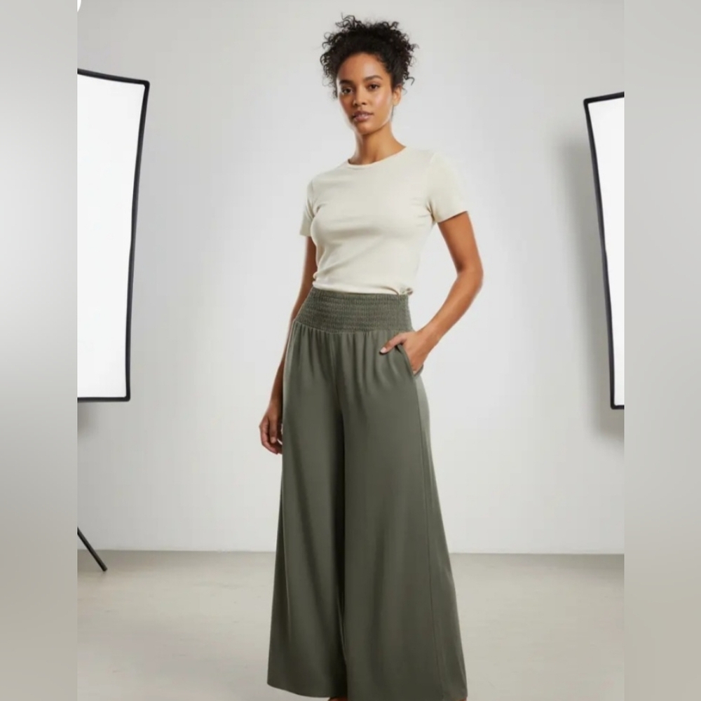 Wide Leg Smocked Waist Palazzo Pants - Olive Green